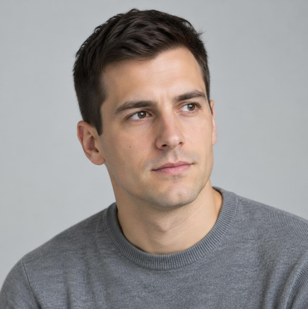 Portrait of a young man with short dark hair and a serious look