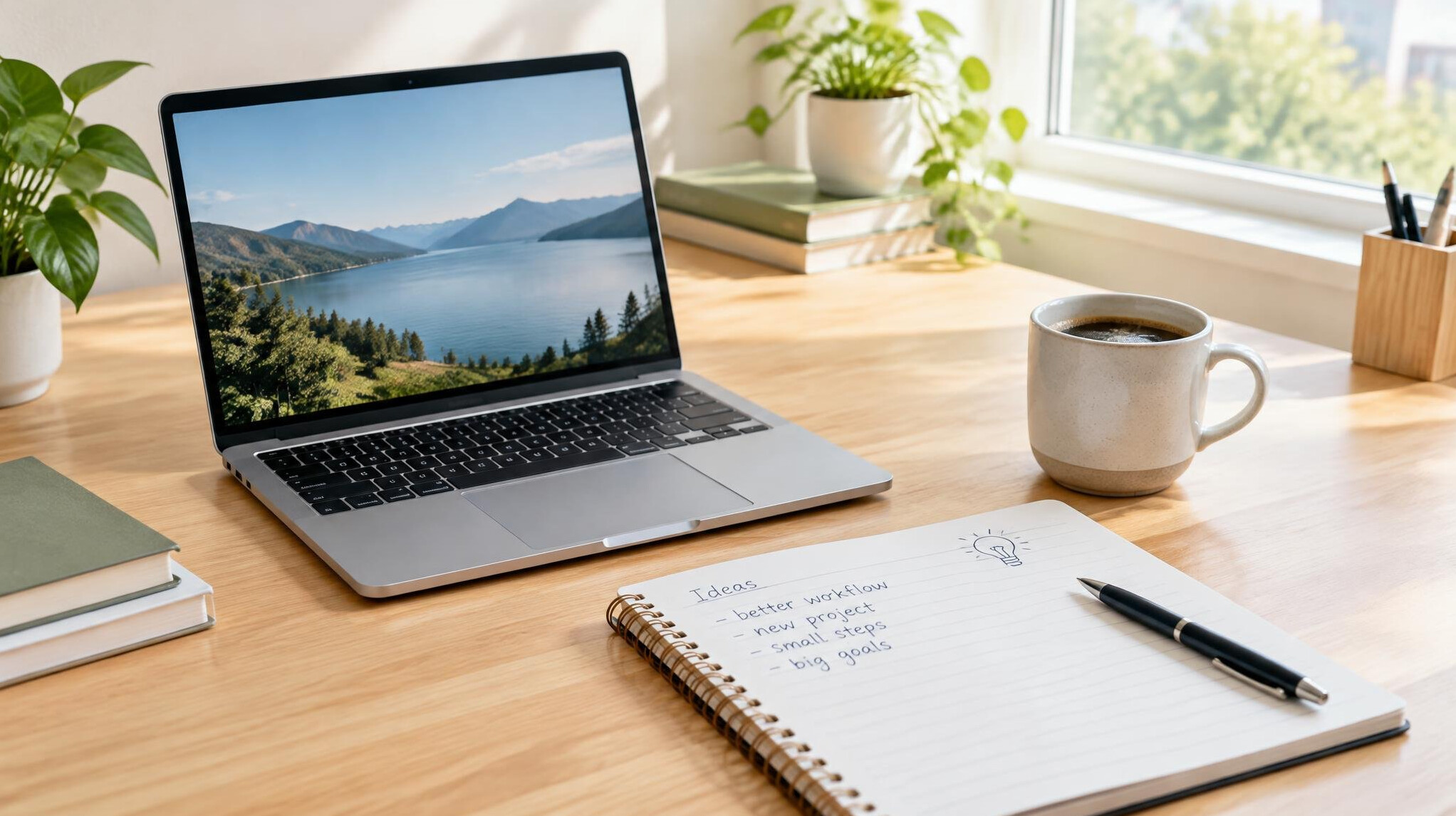 Laptop and notebook on a bright desk with a cup of coffee