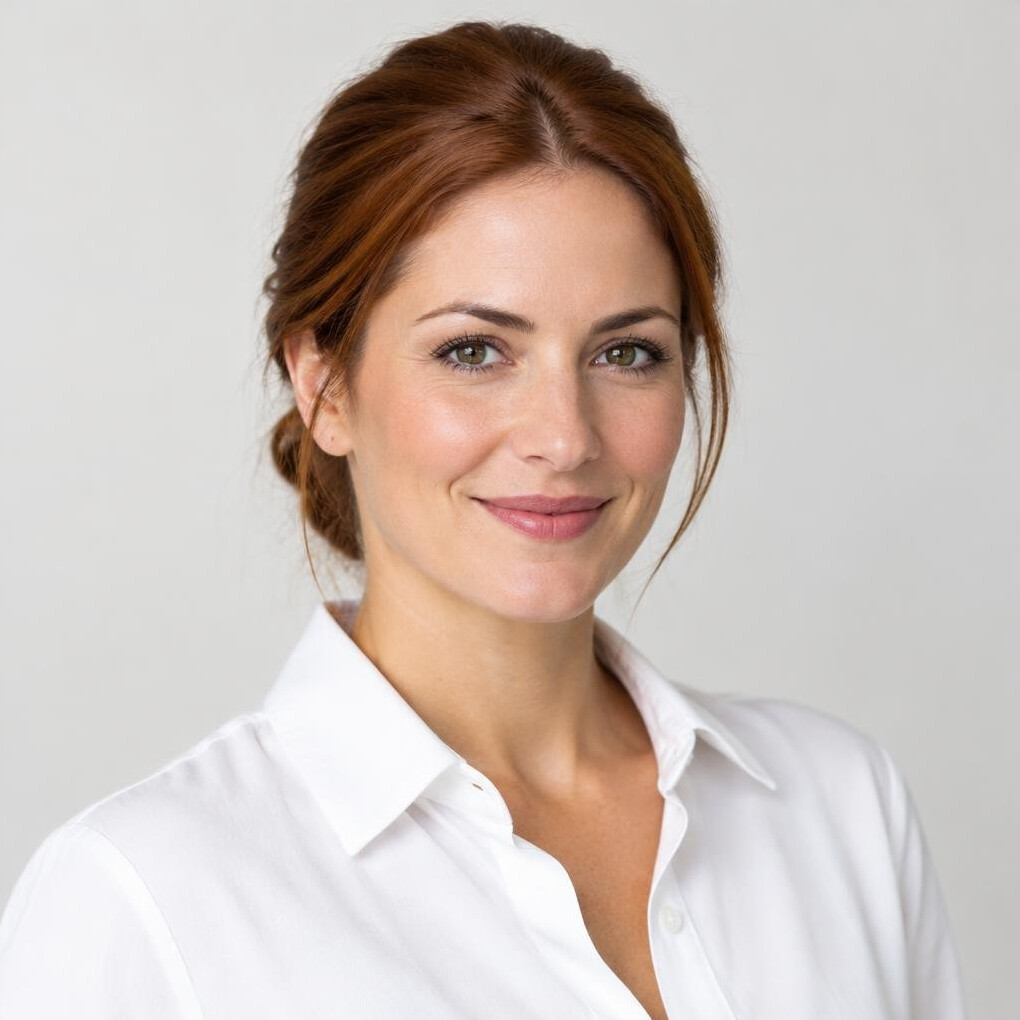 Portrait of a woman with auburn hair and a soft smile