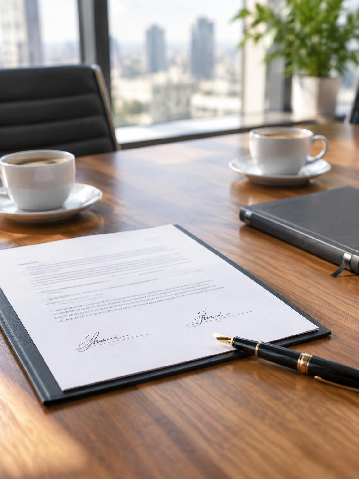 Hands signing a document on a wooden negotiation table with pen and notes