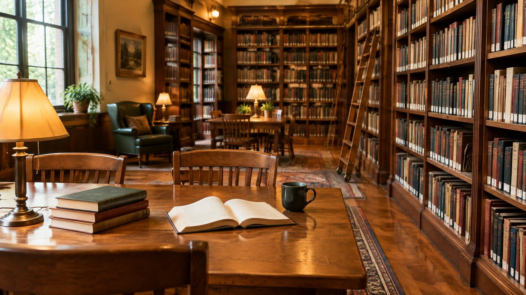 Shelves full of books in a quiet library